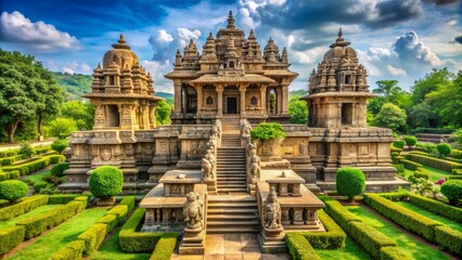 Fototapeta premium Majestic ancient structure with intricate stone carvings and regal statues, surrounded by lush greenery, evoking a sense of grandeur and imperial power.