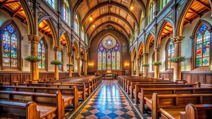 Fototapeta premium Majestic church interior featuring ornate wooden pews, radiant stained glass windows, and a sense of serene tranquility, perfect for spiritual and contemplative moments.