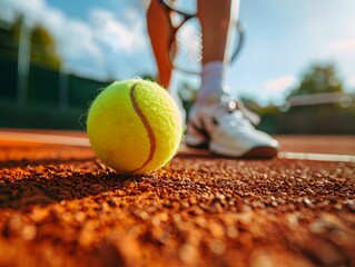 A close-up of a vibrant yellow tennis ball resting on a clay court with a player preparing to serve under a clear blue sky