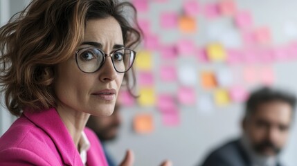 A close-up of a woman with short hair and glasses, displaying a thoughtful and concerned expression, sitting against a backdrop filled with colorful sticky notes in an office setting.