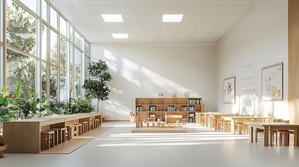 Bright and inviting classroom interior design with abundant natural light streaming through large windows, furnished with elegant wooden furniture.
