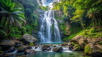 Majestic La Mina Falls cascades down lush green rocks in El Yunque National Forest, Puerto Rico, surrounded by vibrant tropical foliage and misty atmosphere.