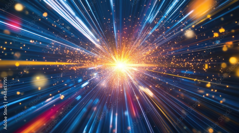 Poster Dynamic light trails on dark backdrop Radiant starburst with shimmering particles and lines Stunning abstract rays creating a colorful burst effect Explosion of luminous rays
