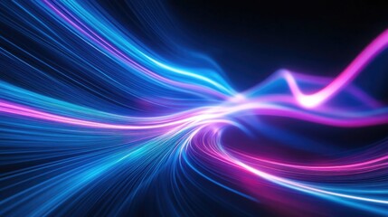 Fototapeta premium Glowing neon wavy lines in motion Abstract background featuring technological light lines with a shimmering blue wave effect