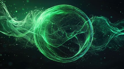 Futuristic sphere featuring vibrant waves and particle lines representing green energy and atomic electricity Abstract design