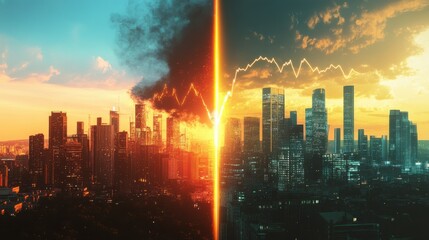 A dramatic split view of a city, contrasting dark smoke and vibrant light, symbolizing change and transformation.