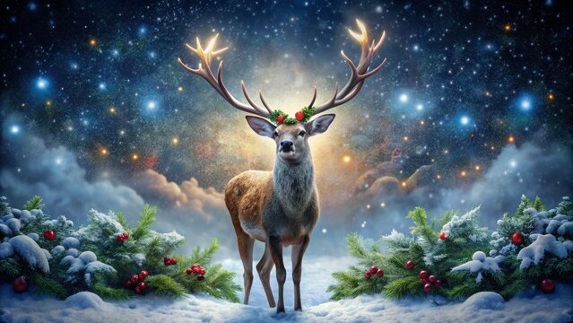 Majestic reindeer with shining antlers and fur, surrounded by snowflakes and festive holly, standing in a winter wonderland under a starry night sky.