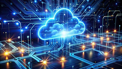 Futuristic illustration of interconnected devices and sensors streaming data to a cloud platform, surrounded by flowing lines and glowing circuits, symbolizing IoT infrastructure.
