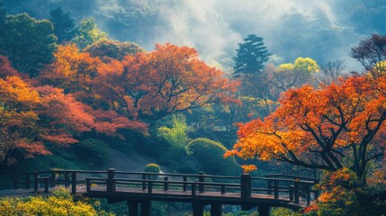 Obraz premium Nature's Palette: Autumn leaves at Atami Plum Garden in the early morning, Atami City, Shizuoka Prefecture. A colorful start to the day.