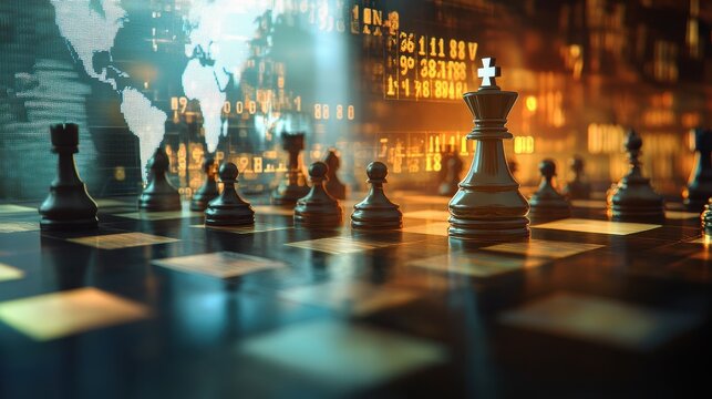 A dynamic chessboard scene symbolizing strategy and competition, highlighted by digital elements and a glowing background.