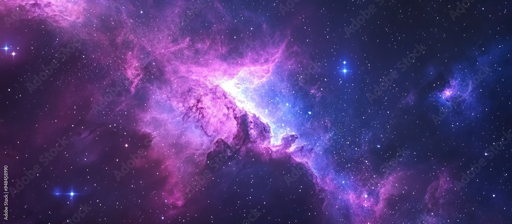 Poster Space scene in a 3D cartoon rendering featuring a panorama of a star filled galaxy nebula and universe