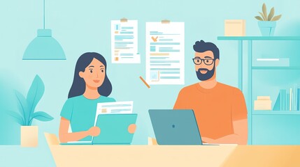 A couple reviewing their insurance forms at home, surrounded by documents and a laptop. copy space for text.