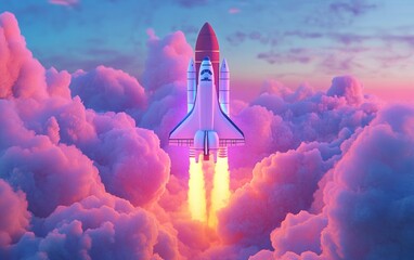 Obraz premium Cartoonish 3D rendering of a space shuttle surrounded by clouds and the sky in the atmosphere near Earth