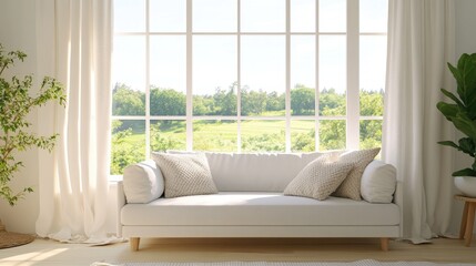 Fototapeta premium Modern white room featuring a sofa and a summer landscape visible through the window showcasing Scandinavian interior design in a 3D rendering