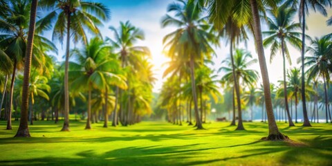 Fototapeta premium Blurry green park with bokeh effect near a tropical beach, surrounded by lush coconut trees