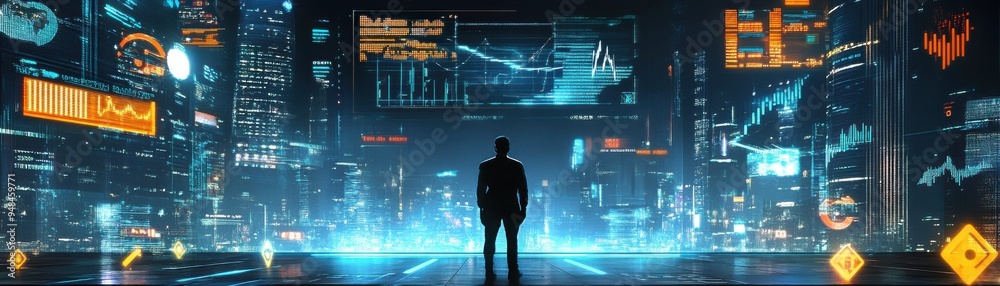 Wall mural a futuristic business leader standing in a glowing cityscape with advanced technology and data visua