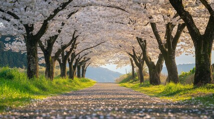 Perspective of a peaceful country lane under cherry blossom arches, with delicate petals carpeting the ground, in Joetsu City during a vibrant spring morning