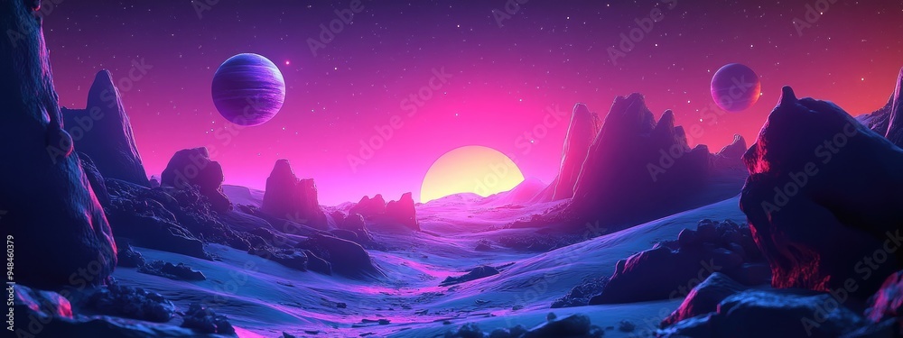 Poster Unexplored planets in faraway space depicted in a high resolution 3D cartoon rendering perfect for science fiction fantasy enthusiasts and ideal for wallpaper and print