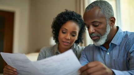 Obraz premium A couple reviewing their insurance policy at home, surrounded by financial documents.