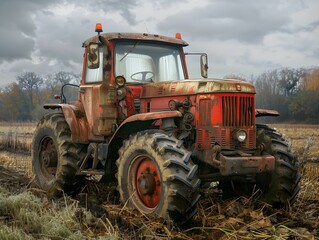 Obraz premium Rusty vintage tractor parked in a muddy field under a cloudy sky with autumn trees in the background