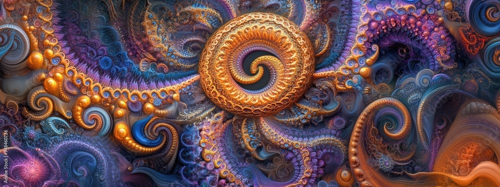 Poster Abstract fractal patterns and shapes depicted in a 3D cartoon rendering featuring dynamic flowing natural forms and a magical mandala with the OM symbol on a mysterious psychedelic relaxation patt