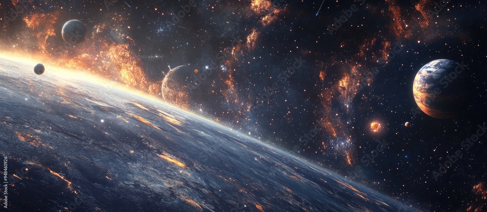 Poster Cartoon style 3D rendering of a space background blending elements of space and science