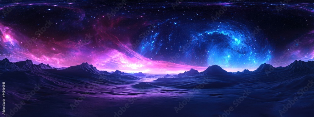 Poster 360 degree space background in a 3D cartoon rendering featuring a starry night sky panorama equirectangular projection and HDRI spherical environment map