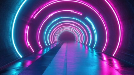 Futuristic tunnel illuminated by vibrant neon blue and pink lights in a 3D render