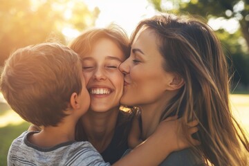 Obraz premium A close-up portrait of a young mother laughing while her kids kiss her on the cheeks at sunset while she's laughing.