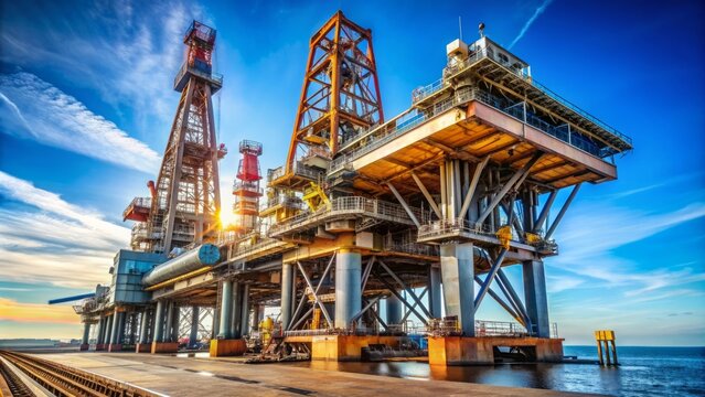 Massive oil drilling derrick stands tall against a clear blue sky, its metal beams and pipes forming a complex network of industrial machinery.