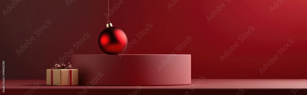 Poster isolated podium for christmas featuring a red and gold bauble for product presentation 3d rendering
