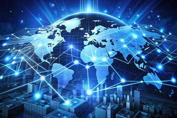 Global network of connected devices and business data flowing through digital circuits, representing ERP system integration and efficient enterprise resource management.