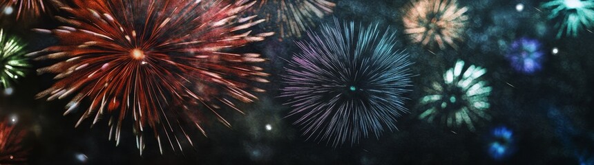 Naklejka premium Winter 2025, New Year's Eve, New Year, Festival Party celebration holiday background banner panorama - Fireworks fireworks on rustic dark grey stone concrete texture