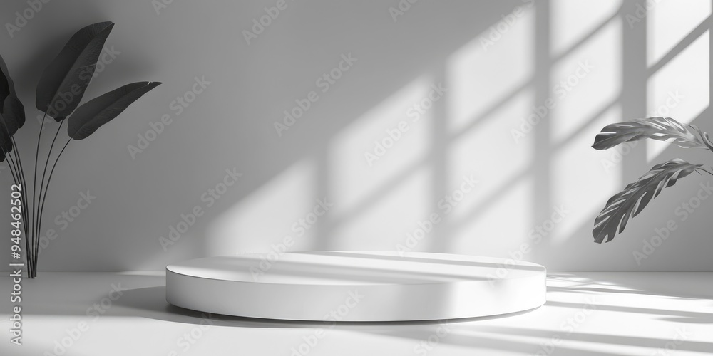 Poster White round podium in an interior space with shadows cast from a window Realistic abstract setting for showcasing fashion items Modern minimalist 3D render