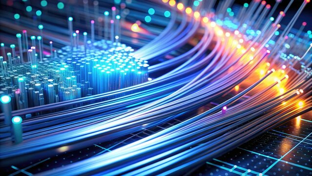 Glowing fiber optic cables and circuits illuminate a futuristic technological backdrop, representing high-speed connection, data transmission, and advanced digital communication networks.