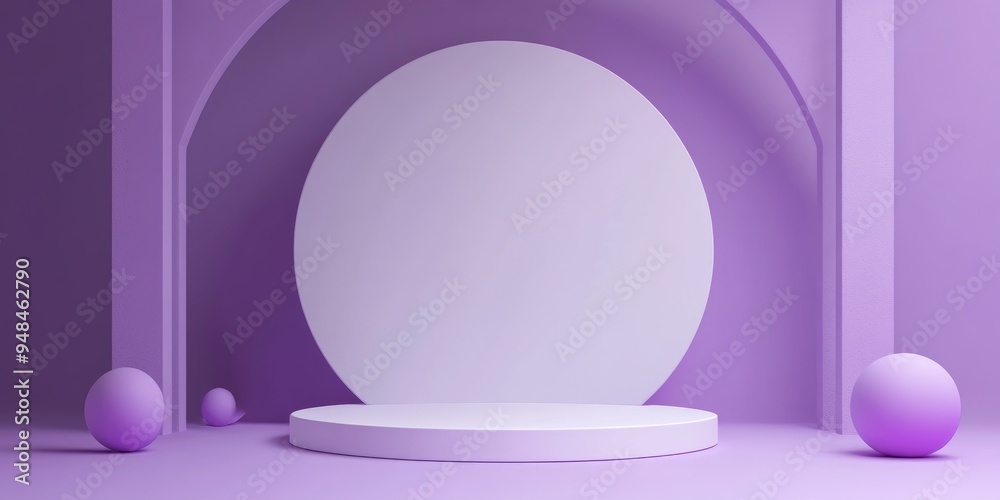 Poster geometric shapes on a white podium with a purple backdrop in a simple 3d render illustration