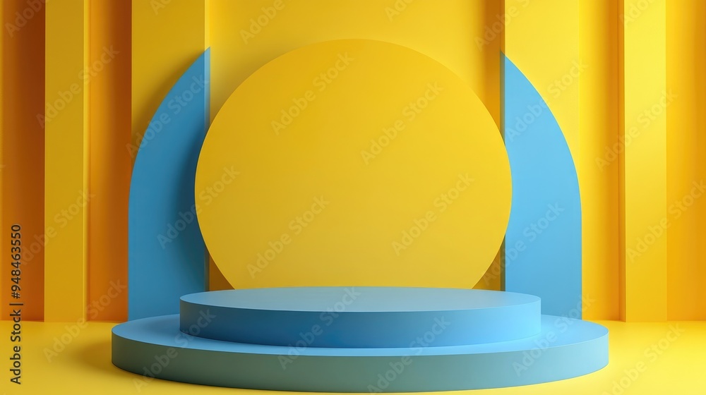 Poster Blue podium against a yellow abstract backdrop 3D render graphic design