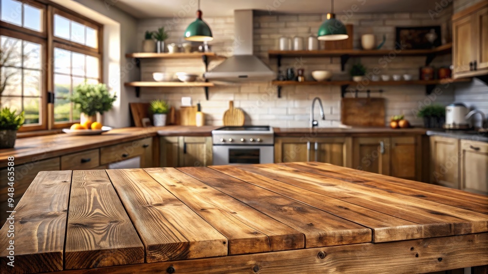 Poster empty rustic solid wood kitchen table with texture in a cozy kitchen setting