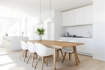 Minimalist and Airy Scandinavian Style Dining Room with a Long Wooden Table White Chairs and a Minimalist Chandelier Fixture  Bright and Spacious 3D Rendering of a Contemporary Home Decor