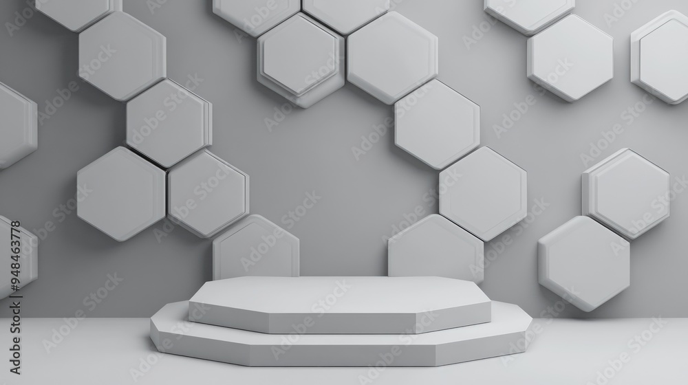 Poster Creative ideas Abstract background featuring modern futuristic geometric shapes with a podium for a hexagonal banner in gray Blank space digital banner website 3D rendering