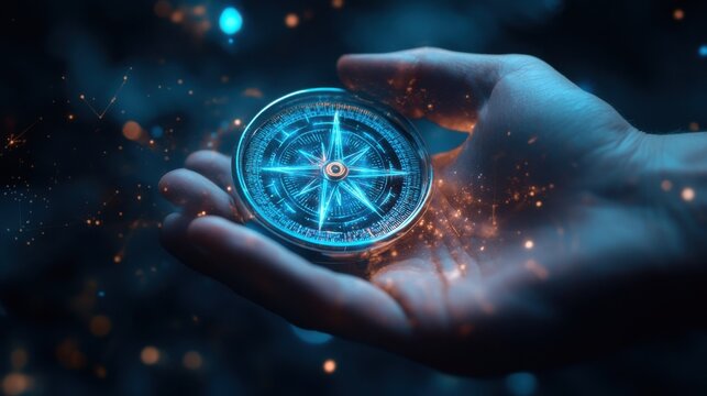A hand holds a glowing compass amidst a mystical background, symbolizing direction and exploration in a magical realm.