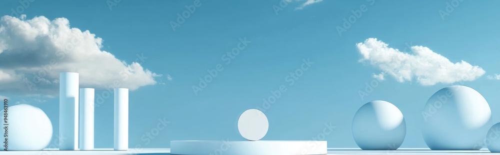 Aufkleber Sky blue 3D background featuring geometric shapes and a podium on the floor Platforms designed for product presentation with a white product set against a backdrop Abstract composition mockup