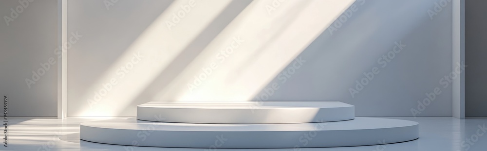 Poster Podium platform illuminated by natural light against a white background for showcasing products Empty podium design 3D rendering