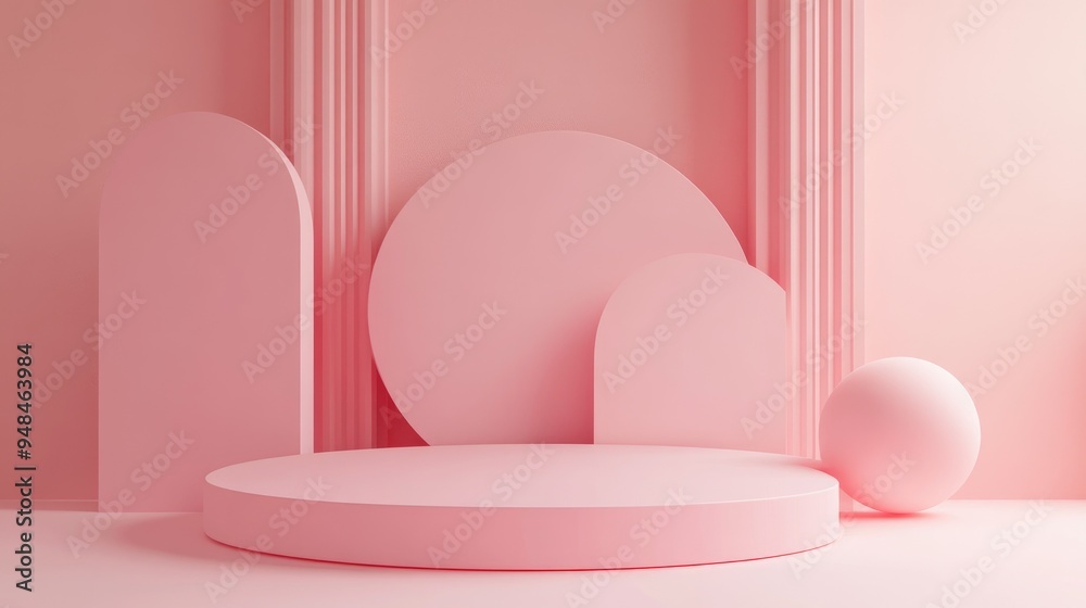 Poster Empty podium featuring geometric shapes in a pink pastel composition for a modern stage display and minimalist mockup serving as an abstract showcase background 3D illustration concept or 3D rende