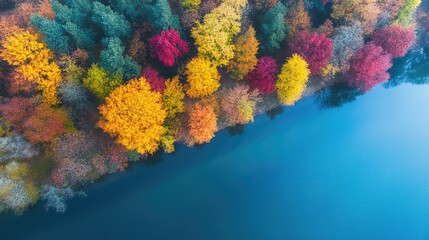 Beautiful trees in various colors on riverbanks, captured from above, creating a picturesque and serene landscape