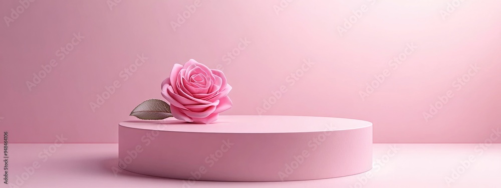 Poster minimalist geometric pedestal for product display featuring a rose design blank stage with a pink ba
