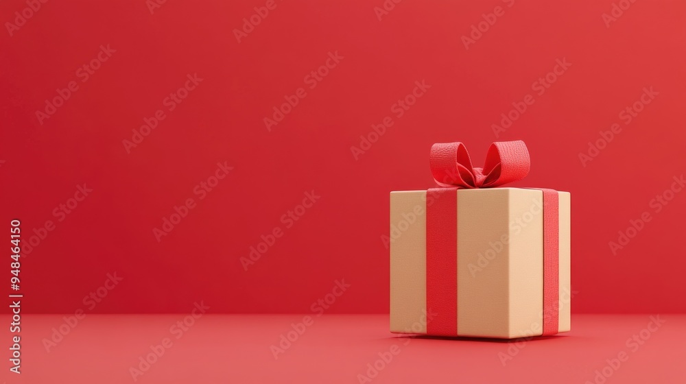 Poster Minimalistic product backdrop for holiday and sale events Feature a red and beige gift box adorned with a ribbon on a red surface 3D render illustration with included clipping paths for each eleme