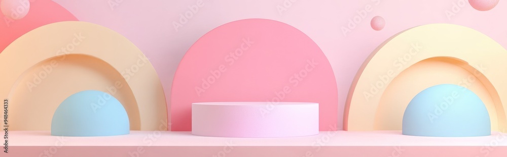 Poster Product podium on a pastel background featuring 3D elements Abstract minimal geometric design Theme for studio display platform Exhibition and marketing presentation stage 3D rendering