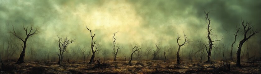 A haunting landscape of desolate trees under a moody, overcast sky, evoking a sense of isolation and despair.