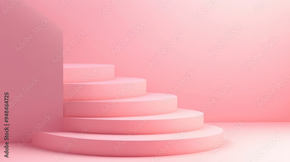 Poster minimalist 3d pink podium steps with a pastel backdrop abstract geometric shapes rendered as an illu